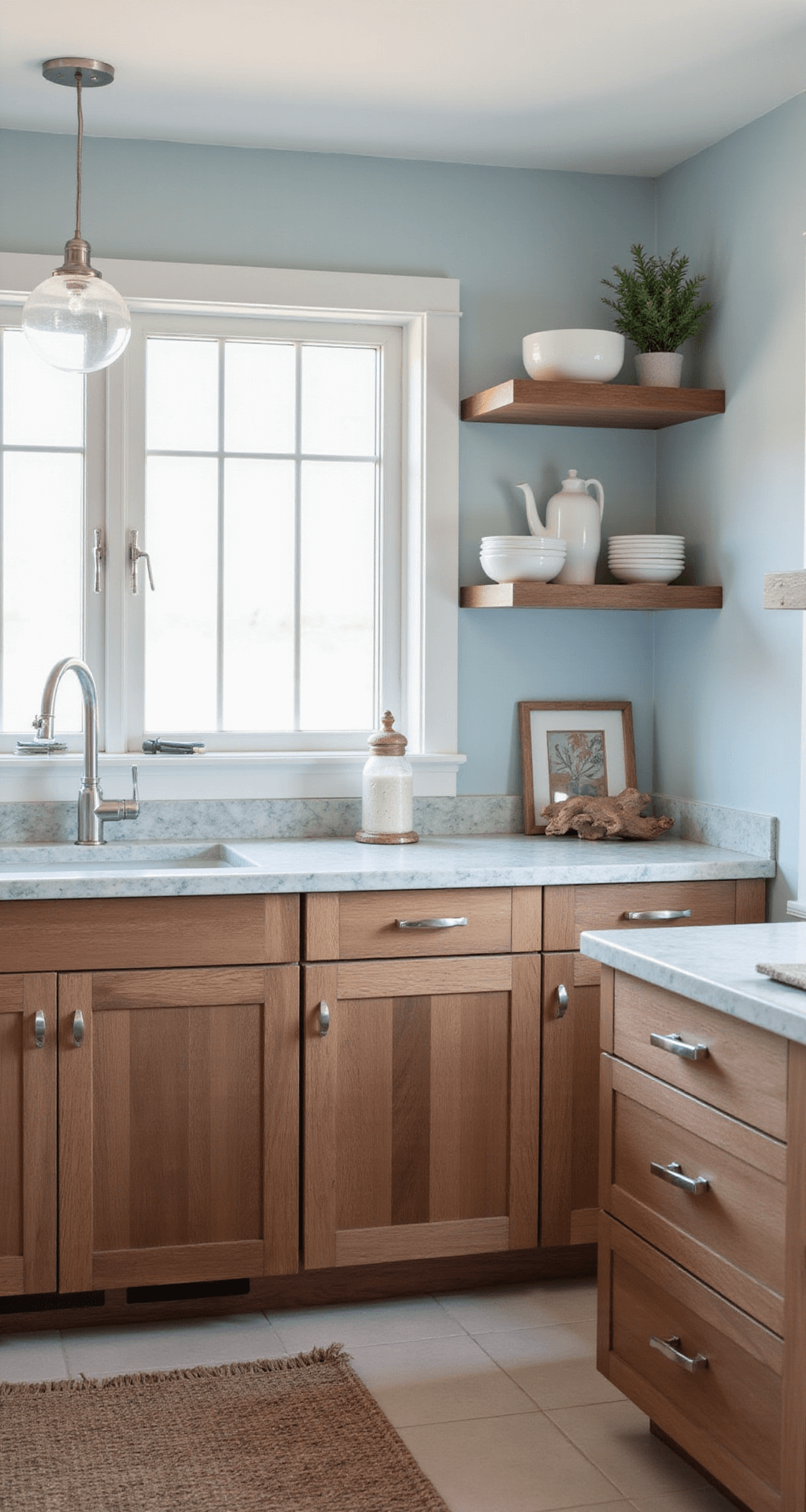 A coastal modern kitchen featuring walnut cabinets, white oak accents, and polished nickel handles, set against pale blue walls. Quartzite countertops reflect beach tones. The scene is infused with morning light, accented by glass globe pendant lights, and styled with white ceramics and driftwood for a breezy, refined atmosphere.