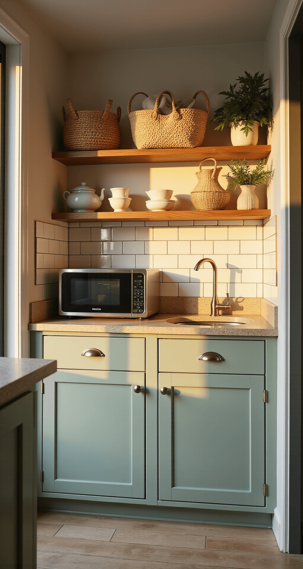 A cozy 8x10ft galley kitchen bathed in golden hour light, featuring budget-friendly IKEA modular cabinets in sage green, a subway tile backsplash, compact fingerprint-resistant steel appliances, and artisanal pottery on open shelving, accented by woven baskets and linen tea towels.