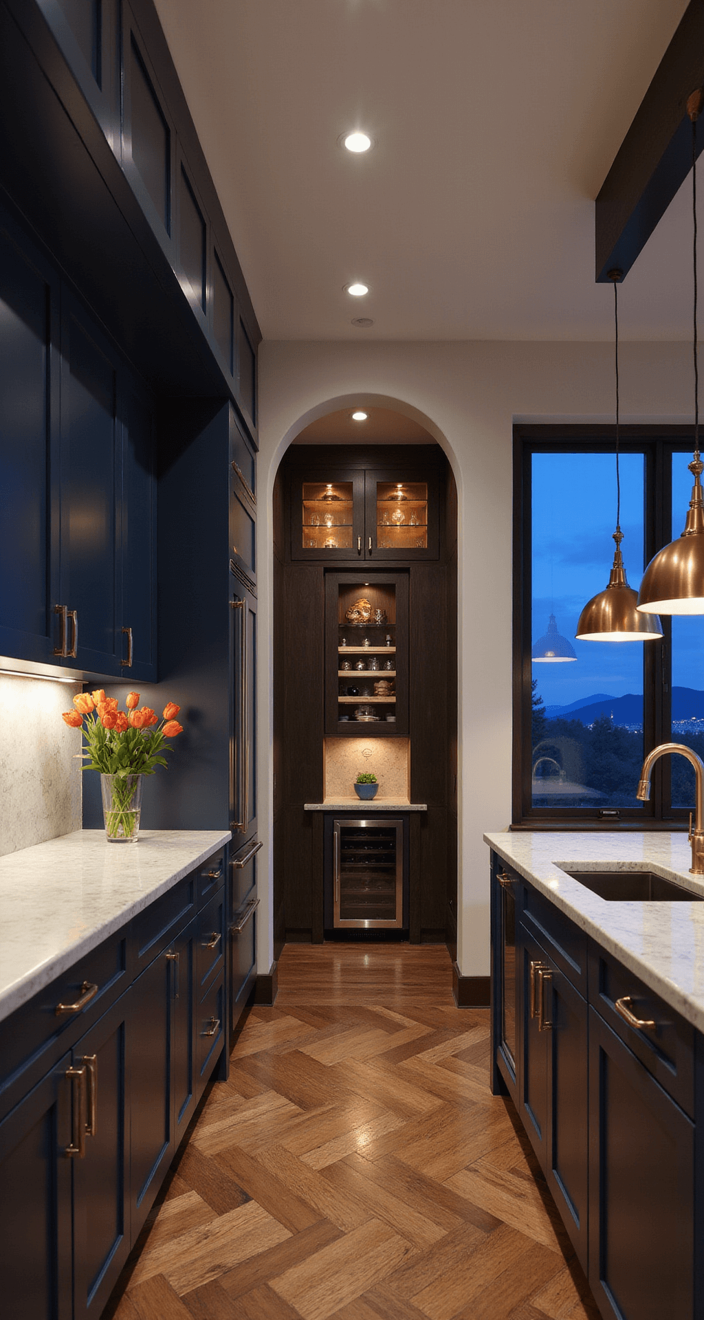Elevated view of a luxurious 10x12ft kitchen at dusk featuring high-gloss navy cabinets, warm copper pendant lights, quartzite countertops, and a butler's pantry through an archway, complemented by herringbone wood floors and a softly glowing wine fridge.