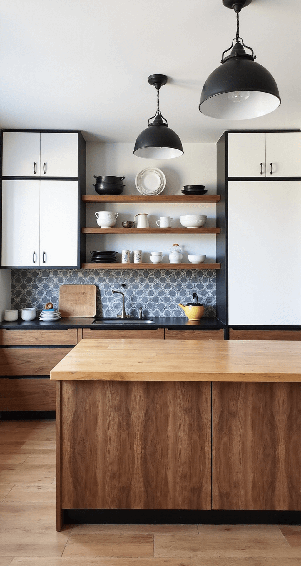 A bright, midday view of a mid-century modern kitchen featuring walnut lower cabinets and white upper cabinets with black frames, a butcher block center island, and a grey and white geometric tile backsplash, complemented by schoolhouse pendant lights and floating shelves displaying vintage kitchenware.