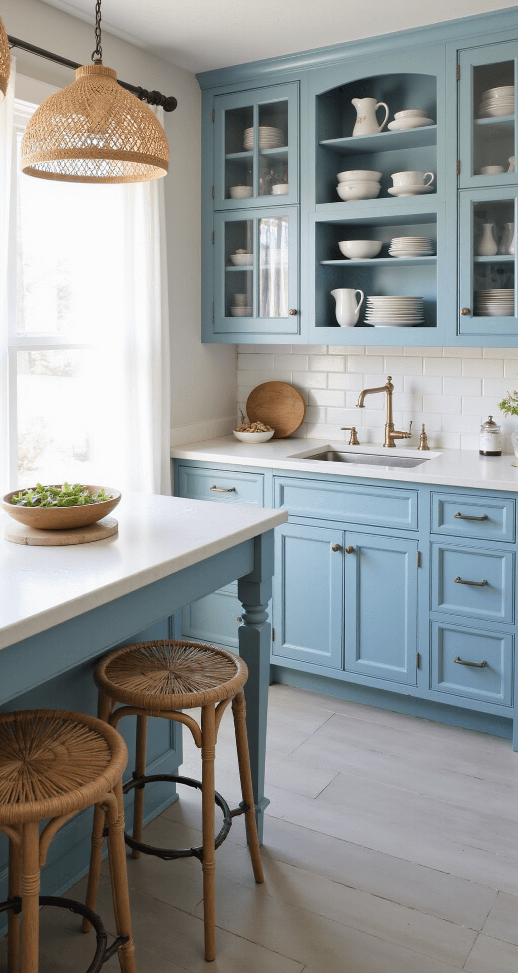 A serene coastal kitchen at sunrise featuring shaker-style pale blue cabinets, white quartz countertops, and glass-front upper cabinets displaying white dinnerware. Rattan pendant lights and seagrass barstools complement the subway tile backsplash with pale grey grout, all illuminated by soft morning light filtering through sheer curtains.