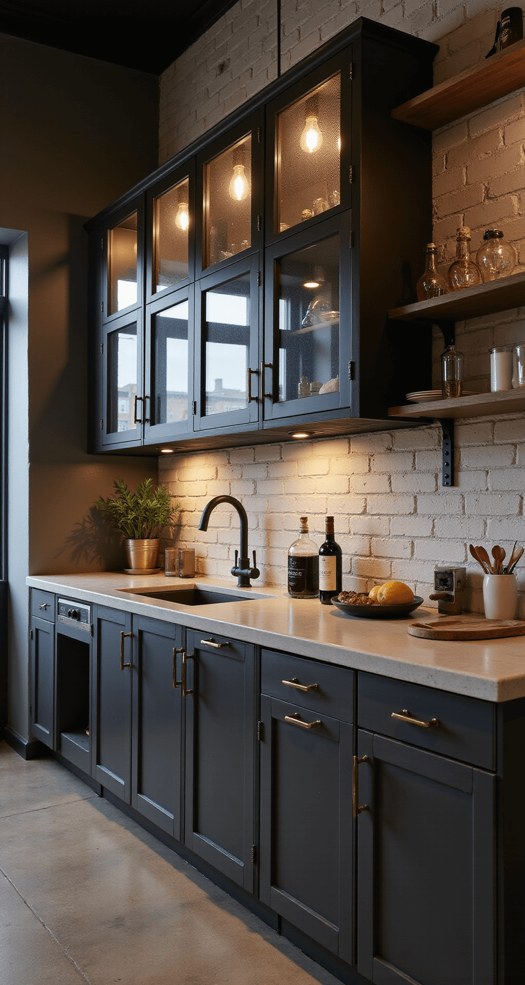 A low-angle view of an industrial-style kitchen at night, featuring tall graphite grey cabinets, frosted glass upper cabinets with black steel frames, and concrete countertops. The space is illuminated by warm Edison bulbs, with an exposed brick wall and metal shelving, showcasing a palette of charcoal, concrete grey, and warm brass accents, highlighting dramatic shadows.