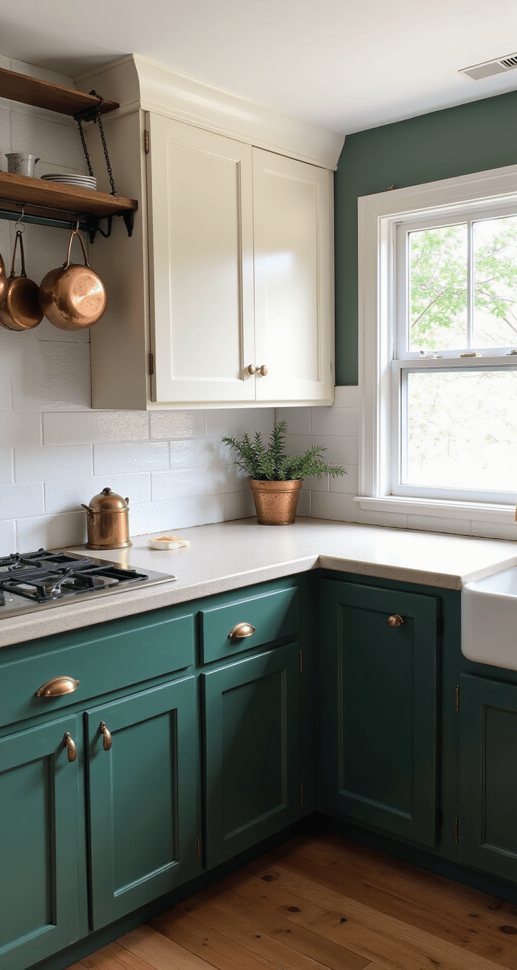 A spacious farmhouse-modern kitchen featuring deep forest green lower cabinets and warm white upper cabinets with brass bin pulls, complemented by soapstone counters and subway tile extending to the ceiling. Vintage copper pots hang from a pot rack, illuminated by afternoon light with soft fill to minimize shadows.
