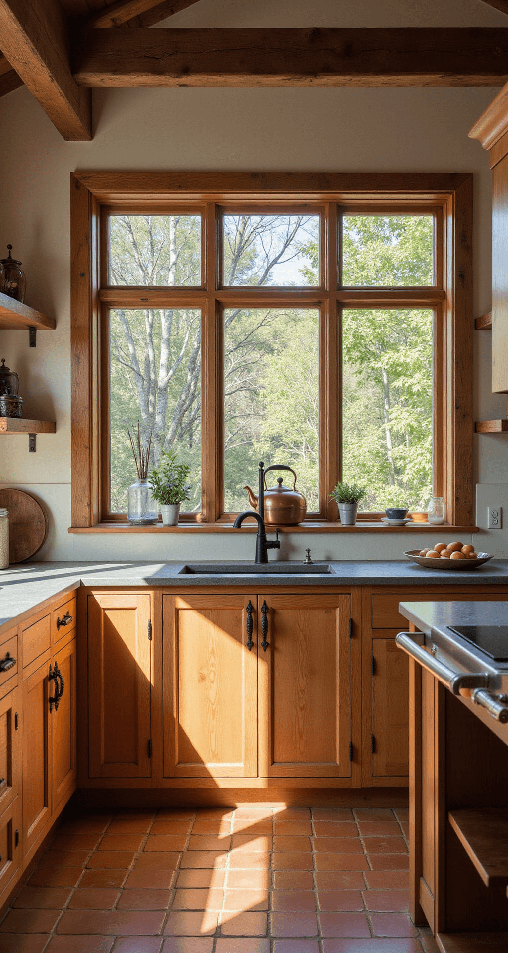 A cozy rustic farmhouse kitchen with warm afternoon light streaming through divided-light windows, featuring distressed honey-brown Shaker cabinets, soapstone counters, a vintage copper kettle, and reclaimed wood shelving, all set against terracotta floor tiles.