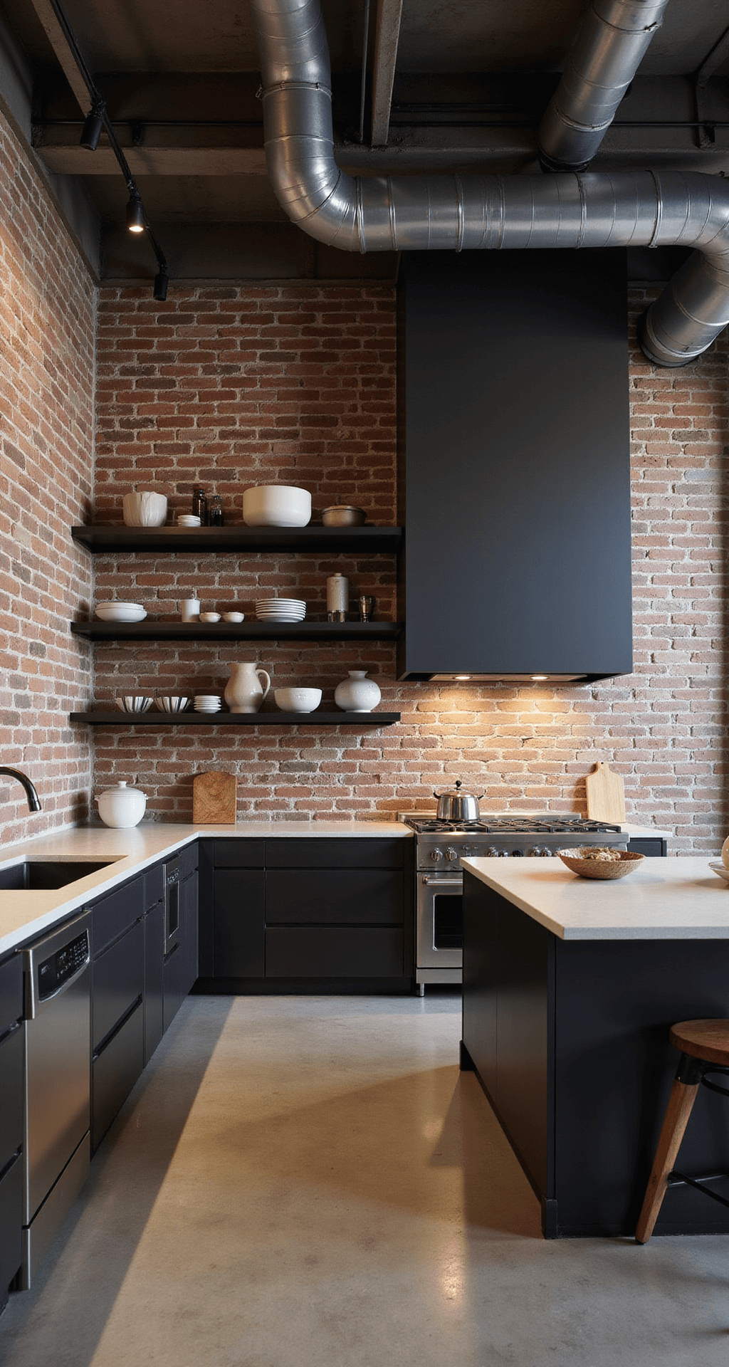 Aerial view of a dramatic industrial loft kitchen featuring exposed brick walls, metal ductwork, dark espresso flat-front cabinets, polished concrete counters, and black steel open shelving with minimalist pottery, illuminated by track lighting that casts dynamic shadows.