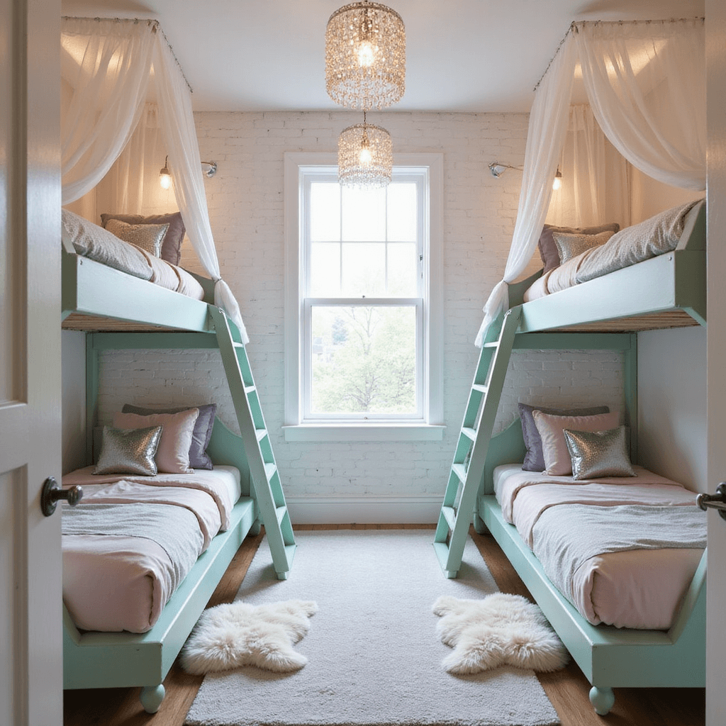 A bright corner room with a white-painted brick accent wall features four modern floating bunks in soft mint green, adorned with blush pink and lavender bedding, silver star accent pillows, and gauzy canopies. Crystal pendant lights hang at varying heights above sheepskin rugs beside each ladder, while a neon cloud light installation highlights the main wall. The image is captured from the doorway with bright natural light and soft fill lights for added dimension.