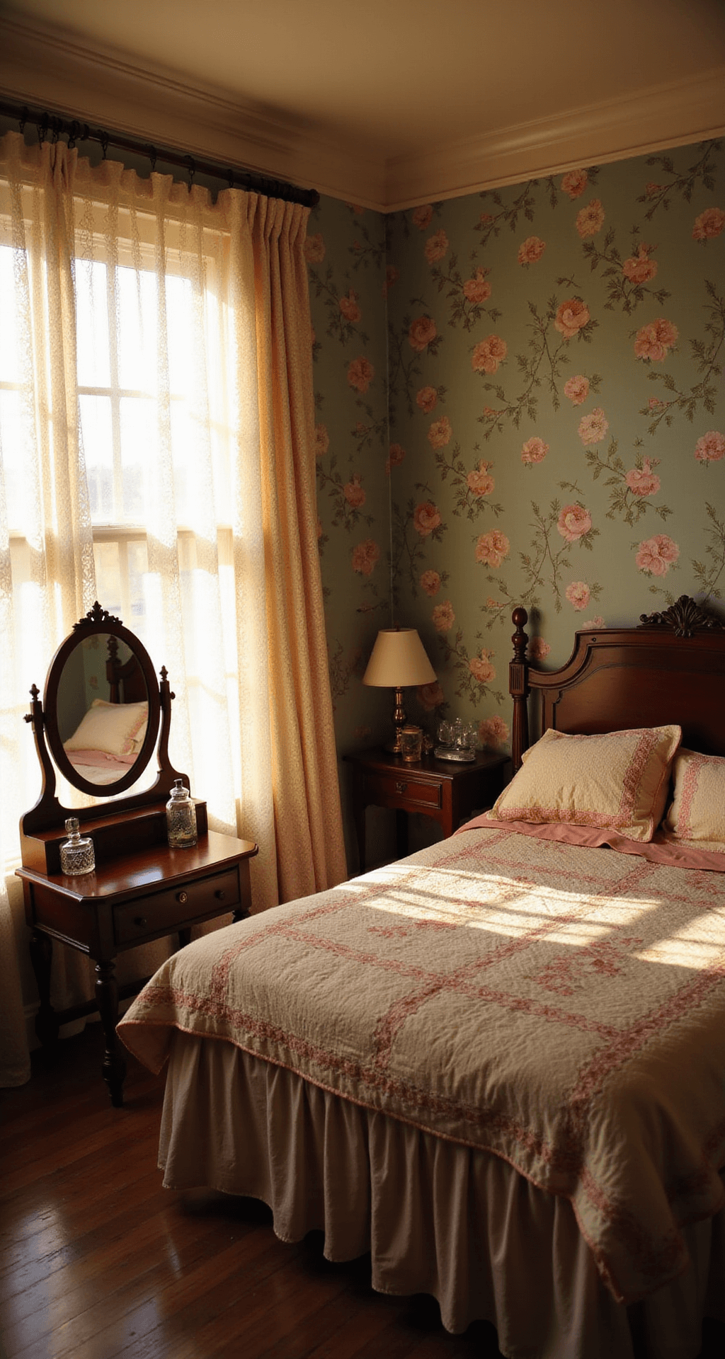 A sunlit 14x16ft bedroom with 10ft ceilings, featuring a carved mahogany headboard with layered vintage quilts, a Victorian vanity with crystal perfume bottles, and floral wallpaper in muted teals and pinks, all illuminated by golden hour light through lace curtains.