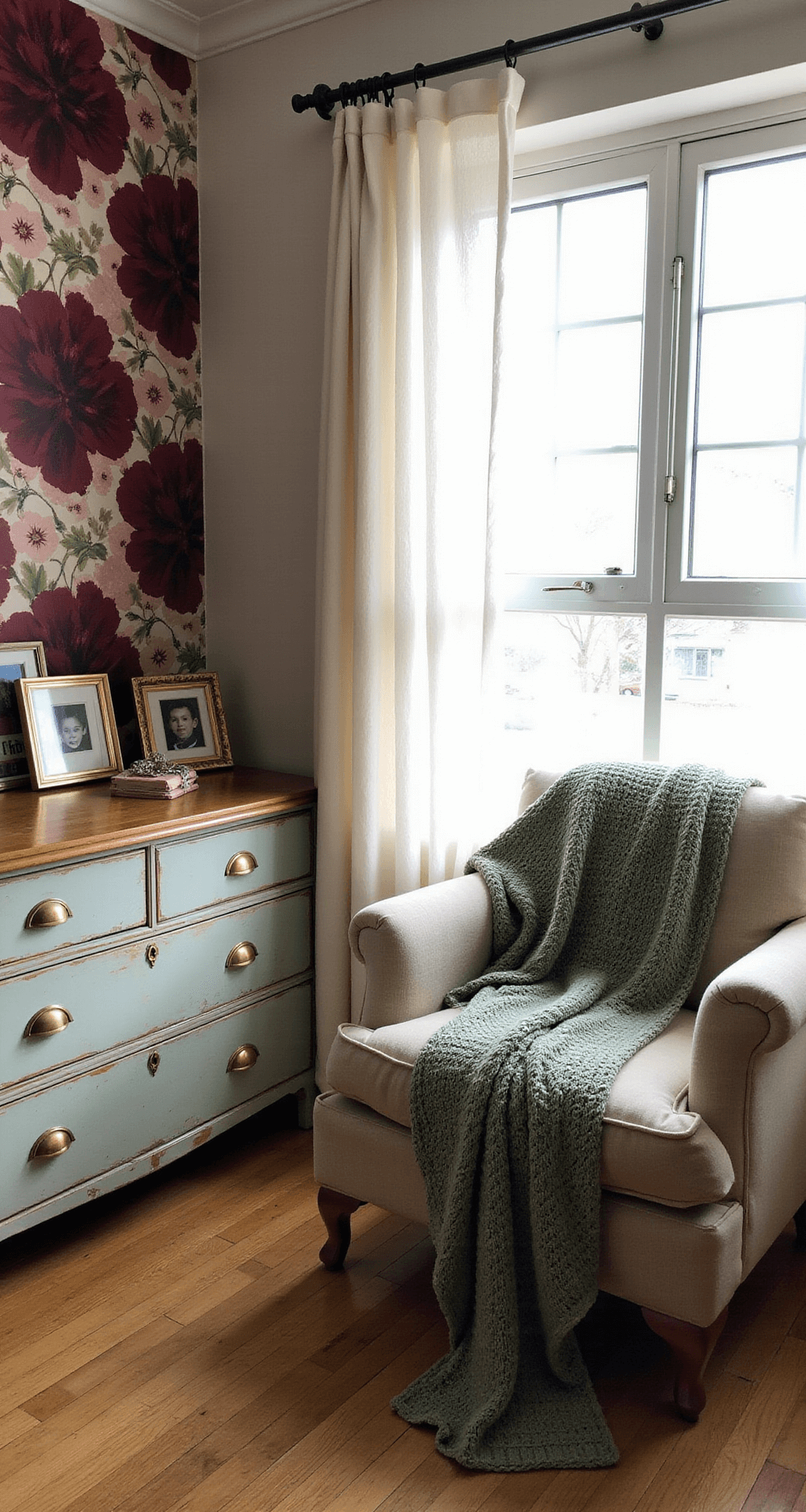 Cozy 12x12ft bedroom nook with early light filtering through sheer curtains onto a weathered wooden dresser adorned with family photos in brass frames. A sage green crochet throw drapes across an upholstered armchair. The room features prominent floral wallpaper with oversized burgundy and blush blooms, captured in a wide-angle shot at eye level with natural lighting highlighting textile textures.