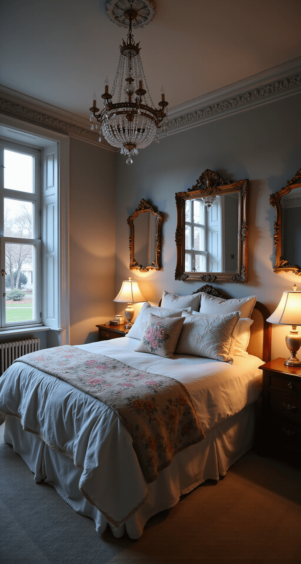 Dramatic dusk scene of a spacious master bedroom featuring bay windows, a Victorian bed frame adorned with embroidered linens and vintage quilts, and a crystal chandelier casting shadows on soft gray walls, all captured from an elevated perspective.