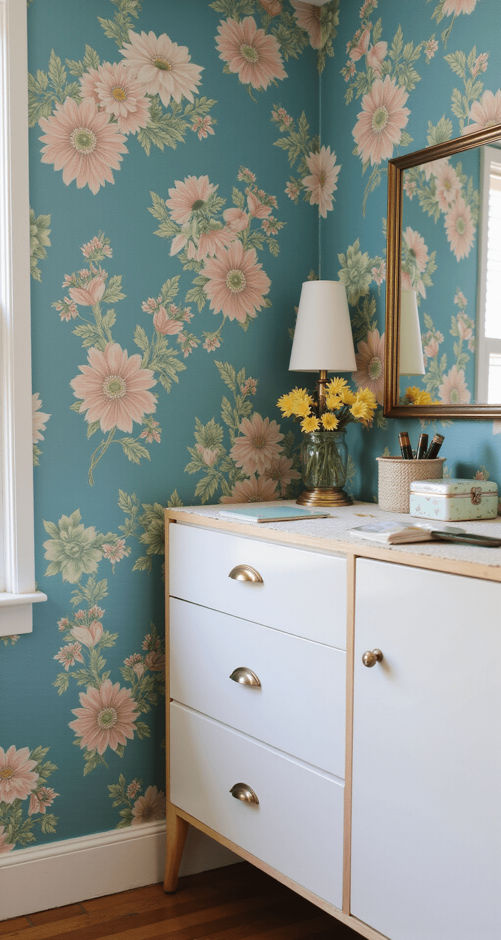 Bright corner vignette of a 15x15ft bedroom featuring original hardwood floors, a modern dresser with vintage accessories like porcelain trinket boxes and silver-backed brushes, against a large-scale floral wallpaper in teal and blush, illuminated by morning light that highlights the textures and details.