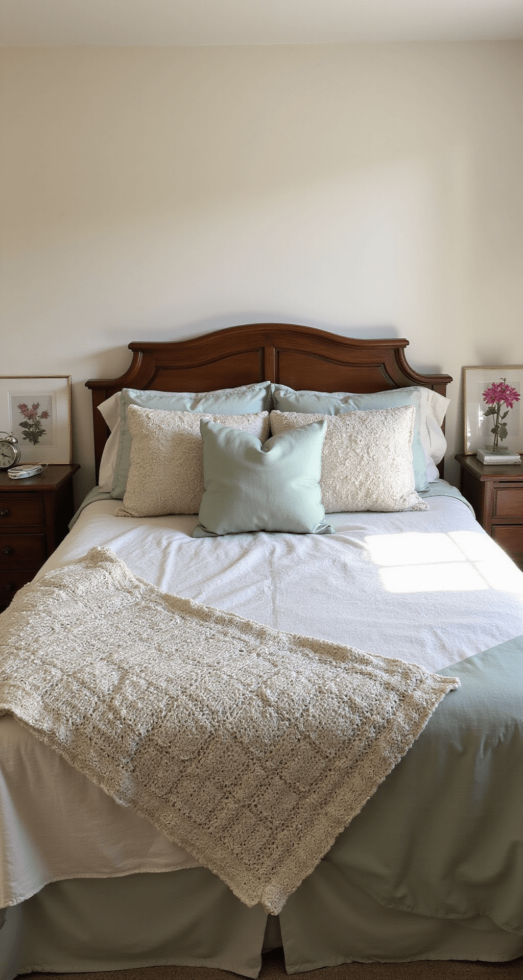 A cozy bedroom alcove featuring a restored wooden headboard against cream walls, adorned with a mix of modern linens and vintage quilts in sage and ivory, with a crocheted blanket draped over the foot of the bed. An antique alarm clock and framed pressed flowers decorate the bedside table, illuminated by soft natural light.