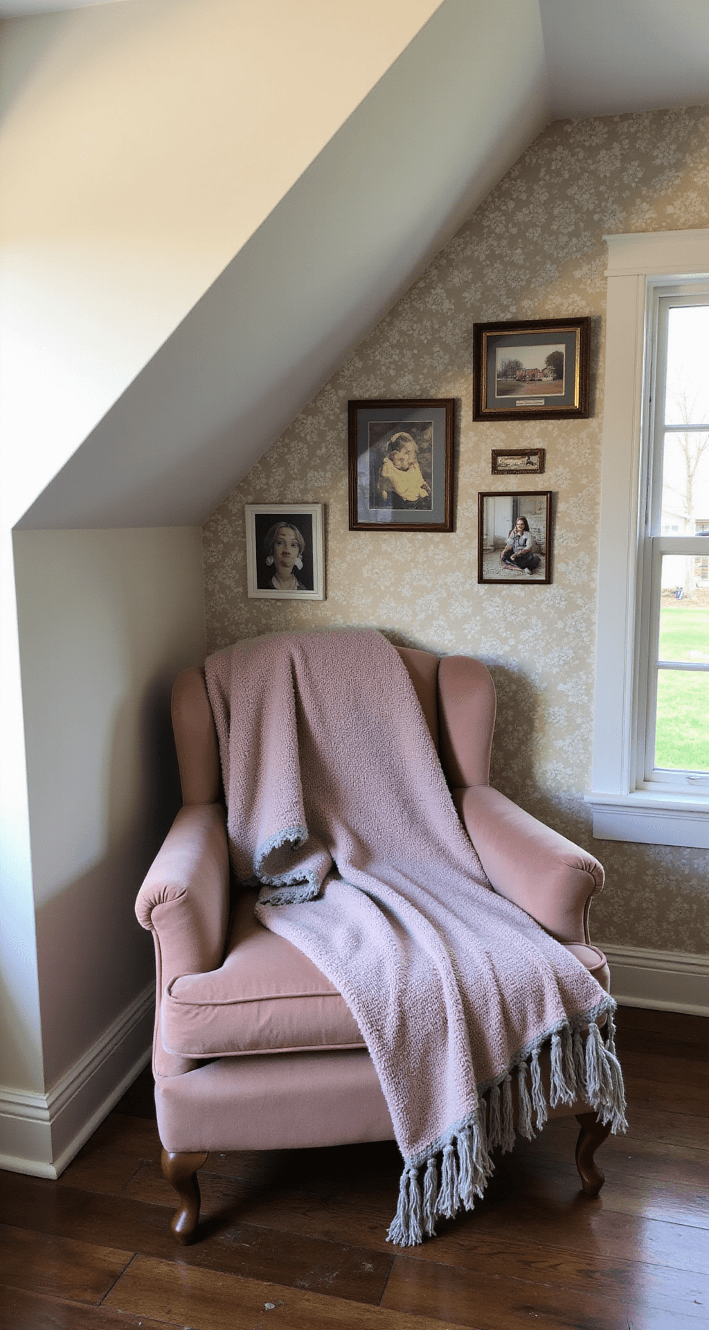Cozy reading corner in a bedroom featuring a vintage velvet armchair with handmade afghans, a gallery wall of family photos, and a floral accent wall, highlighted by soft afternoon light from a low angle.