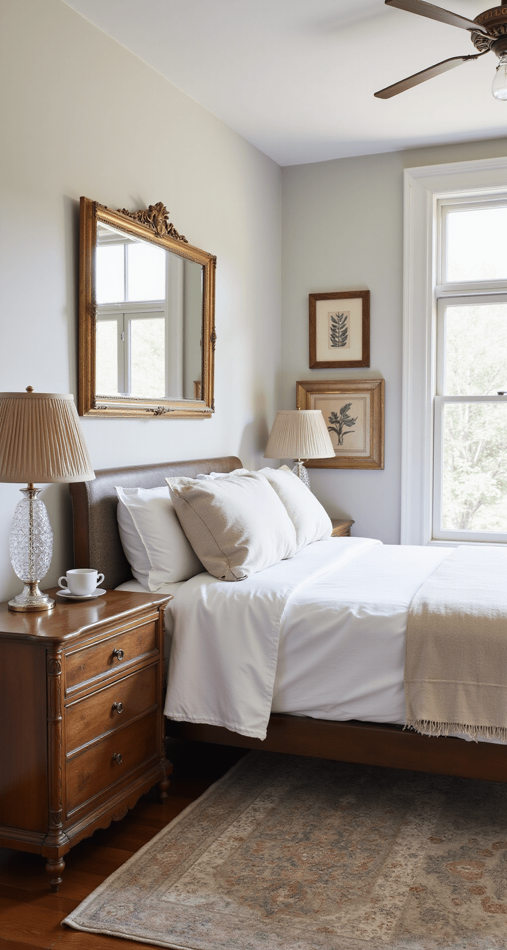 A bright bedroom scene featuring a modern platform bed and antique side tables, illuminated by morning light streaming through original casement windows. The space includes crystal table lamps with pleated shades, layered vintage rugs in muted tones, and an oversized gilded mirror. Contemporary art blends with vintage botanical prints, showcased in a wide shot that emphasizes the room's flow and natural lighting.