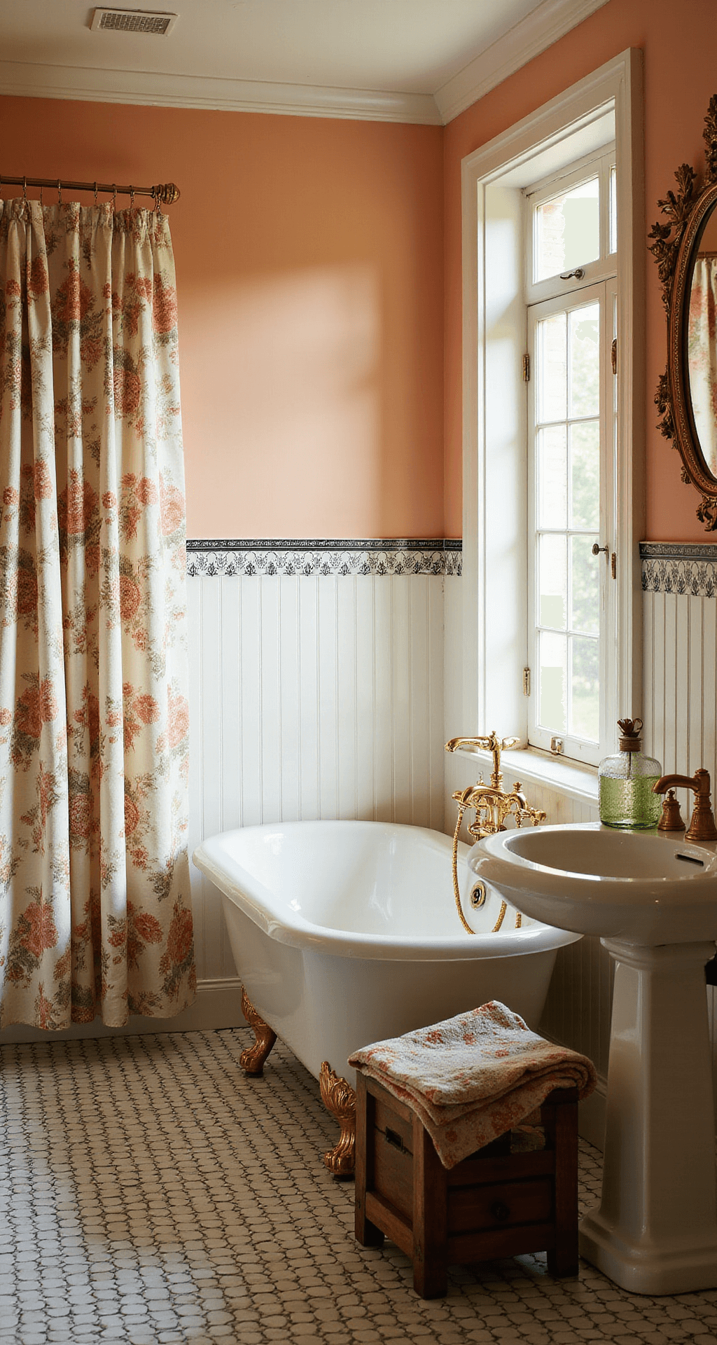 A vintage bathroom featuring soft peach walls and white beadboard wainscoting, with an ornate black and white penny tile crown. A central claw-foot tub draped with a ruffled floral shower curtain in muted rose and sage, complemented by gleaming brass fixtures. An elaborate gilt mirror reflects golden hour natural light from a frosted window, while vintage glass perfume bottles and hand-embroidered linens rest on a weathered wooden stool, all captured with a shallow depth of field to highlight textural details.