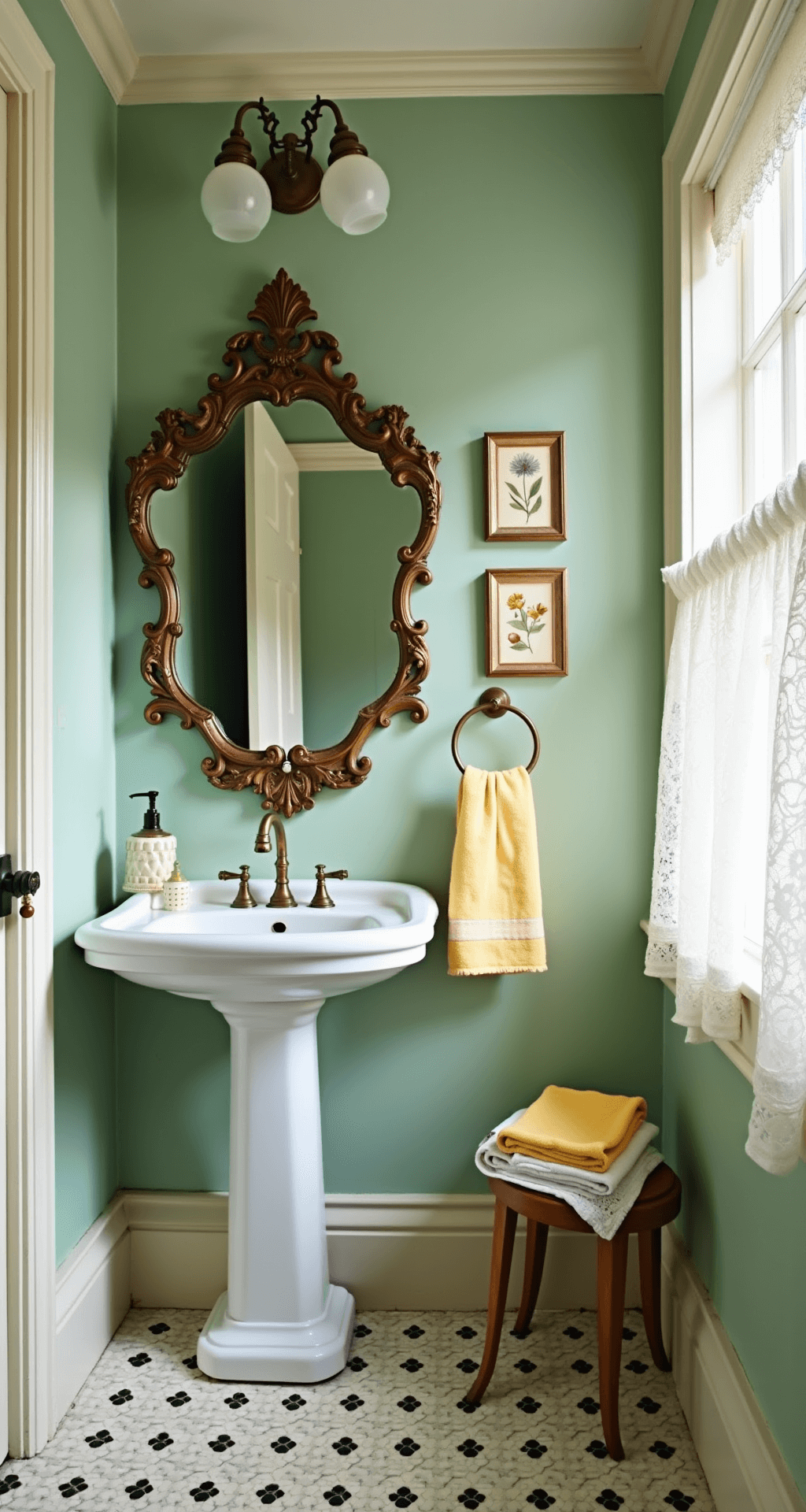 A cozy powder room featuring mint green walls, hexagonal cream and black floor tiles, a vintage pedestal sink with brass hardware, a Victorian-era mirror, yellow gingham hand towels, and pressed botanical prints, all illuminated by natural light through lace café curtains.