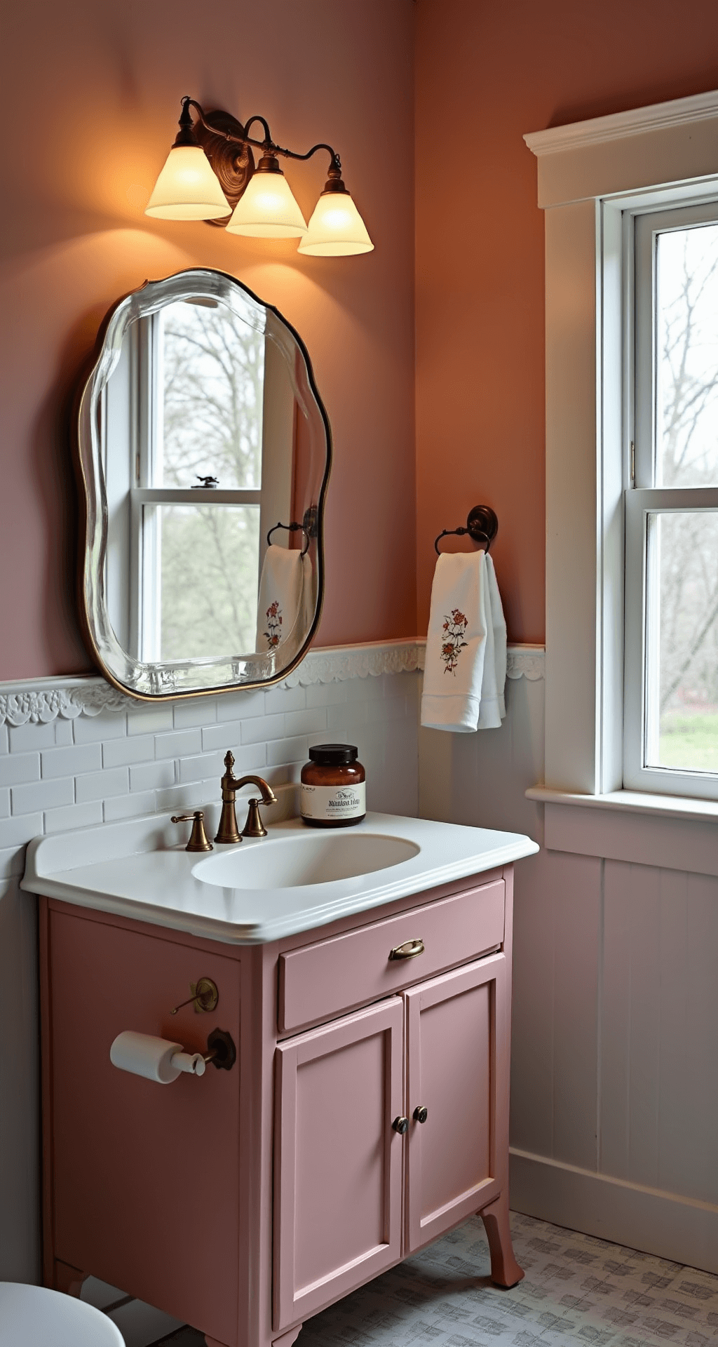 Wide-angle view of a 7x9ft bathroom at dusk, featuring dusty rose walls, original pink fixtures, and white subway tiles. The retro vanity with brass handles is adorned with vintage apothecary jars, while wall sconces cast soft light over embroidered linens and delicate porcelain trinket dishes.