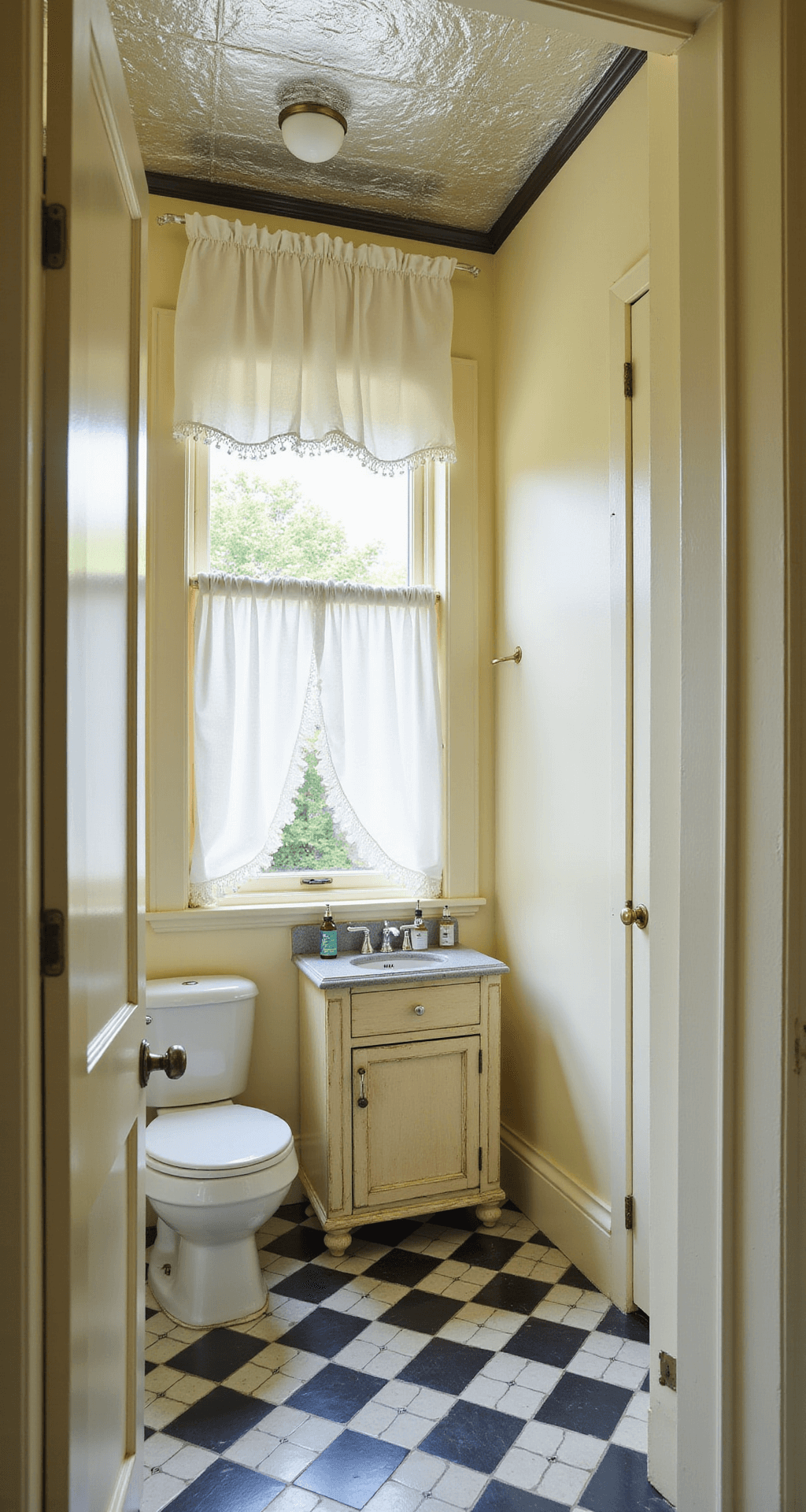 Bird's eye view of a 5x7ft guest bathroom featuring black and white checkerboard floor tiles, pale yellow walls, a pressed tin ceiling, a distressed cream vanity with vintage cosmetic bottles, ruffled white curtains framing a garden view window, and crystal doorknobs with silver-plated accessories, all illuminated by overhead softbox lighting.