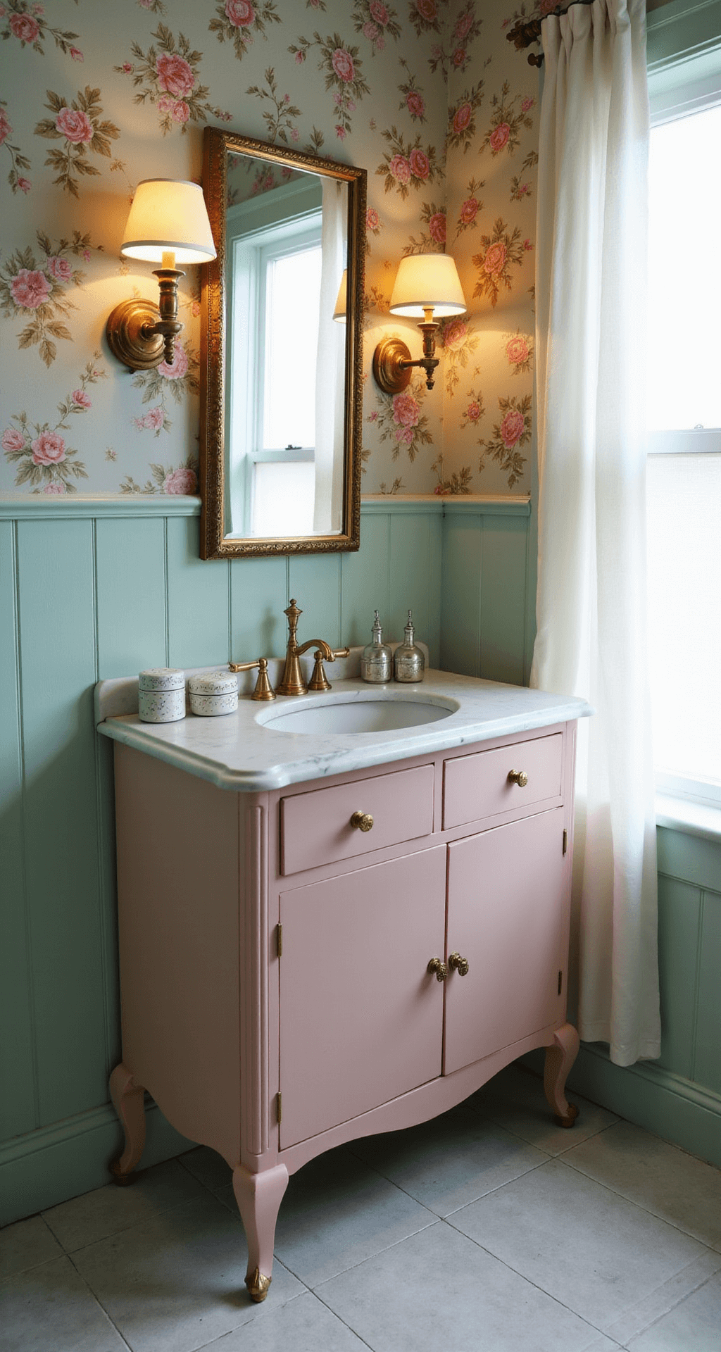 A corner view of an 8x12ft master bathroom at twilight, featuring seafoam green beadboard and muted floral wallpaper, a soft pink 1950s vanity with a marble top and matching mirror, vintage brass light fixtures illuminating porcelain powder boxes, silver-backed brushes, and delicate perfume atomizers, with gauzy curtains filtering the fading daylight.