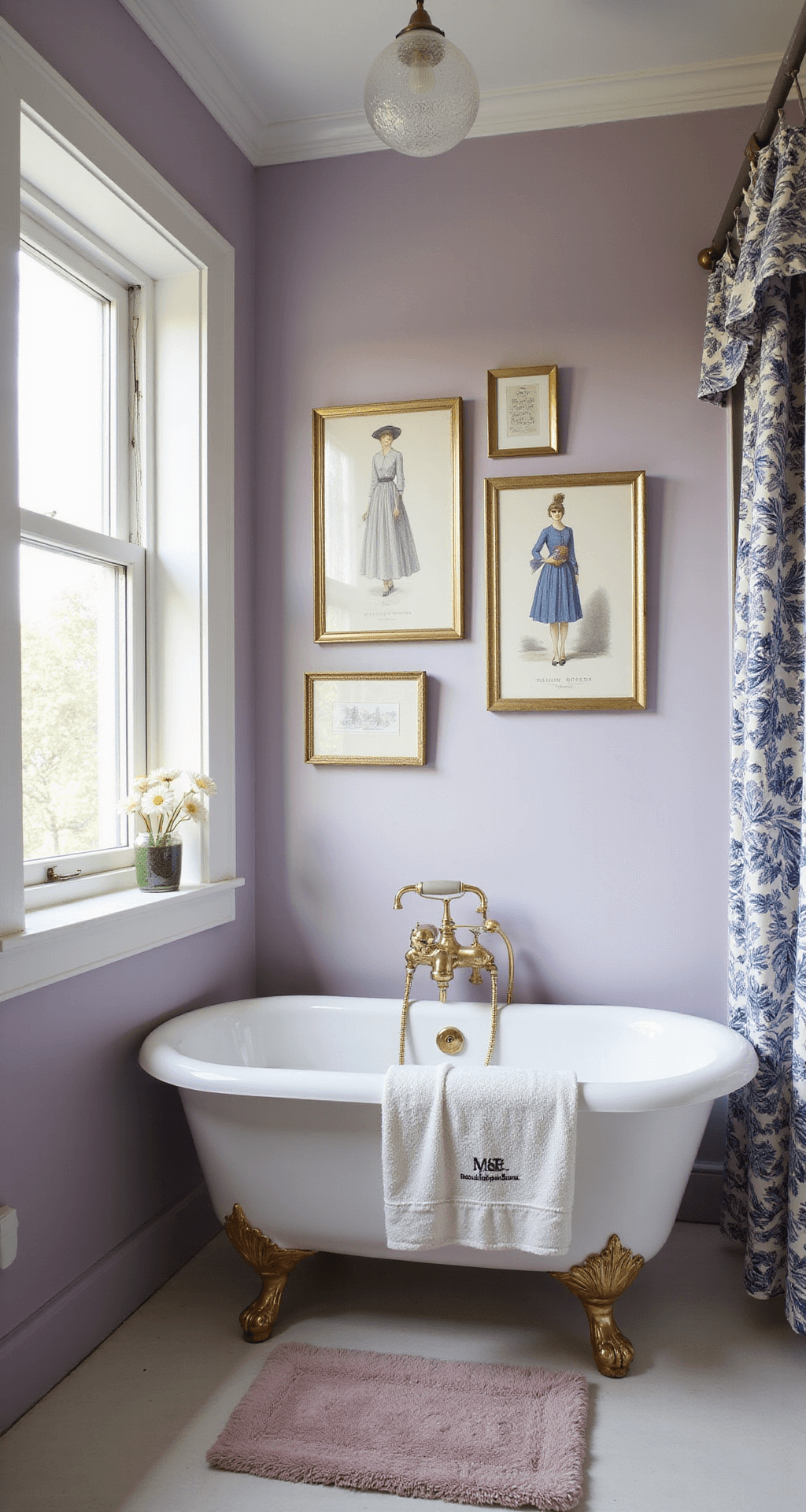 Eye-level view of a cozy bathroom nook with pale lavender walls adorned with vintage fashion illustrations in gold frames. A small clawfoot tub with a telephone shower fixture in polished brass is featured alongside layered textiles, including a chenille bath mat, embroidered hand towels, and a ruffled toile shower curtain, with natural light highlighting the textures.