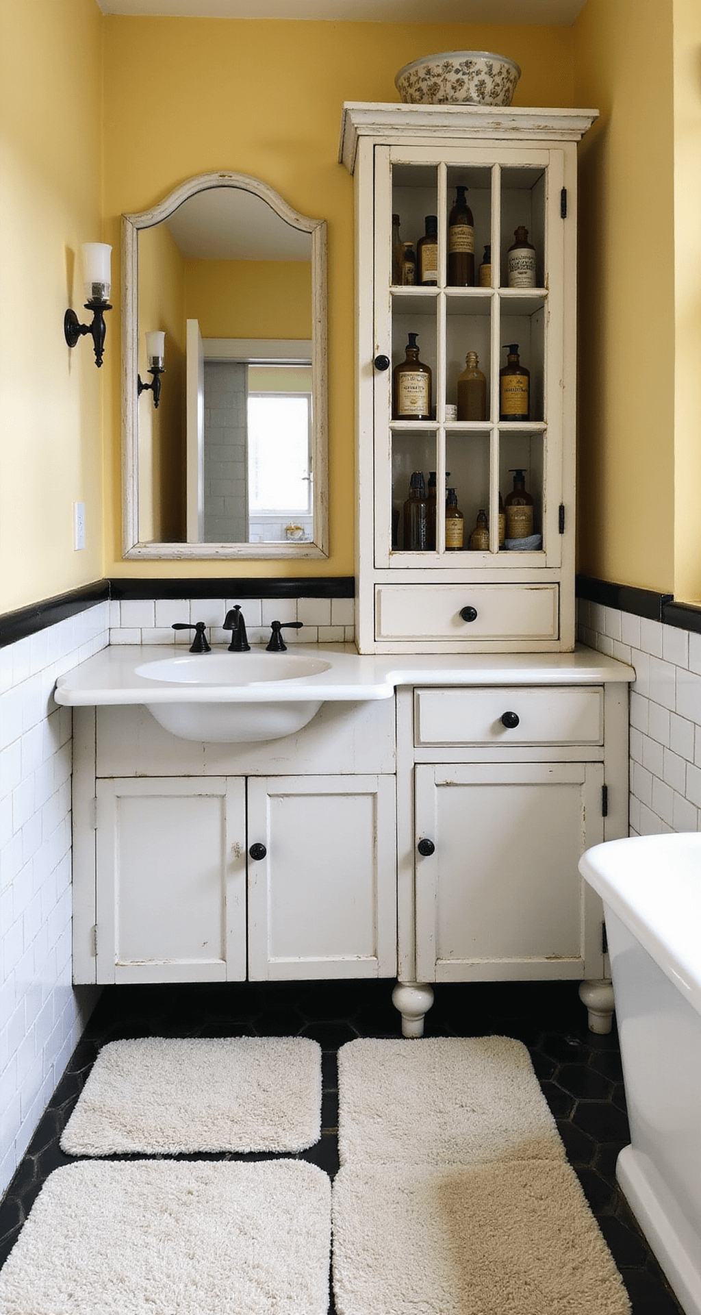 A bright midday bathroom featuring butter yellow walls, white subway tiles with black accents, and a salvaged medicine cabinet with a beveled mirror reflecting light. Vintage cotton bath mats sit atop hexagonal floor tiles, and glass shelves display amber apothecary bottles and pressed powder compacts, all illuminated by soft fill light.