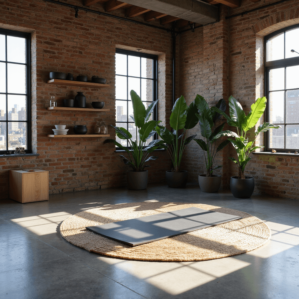 A modern loft space featuring an exposed brick wall and industrial windows, with afternoon shadows on a polished concrete floor. A premium charcoal yoga mat is centered on an oversized jute rug, surrounded by three large monstera plants providing privacy. Floating wooden shelves display minimalist props and ceramics, while an iron floor lamp offers ambient lighting. The color palette includes warm grays, rustic browns, and matte blacks, captured in a wide-angle shot from a corner to emphasize height and space.
