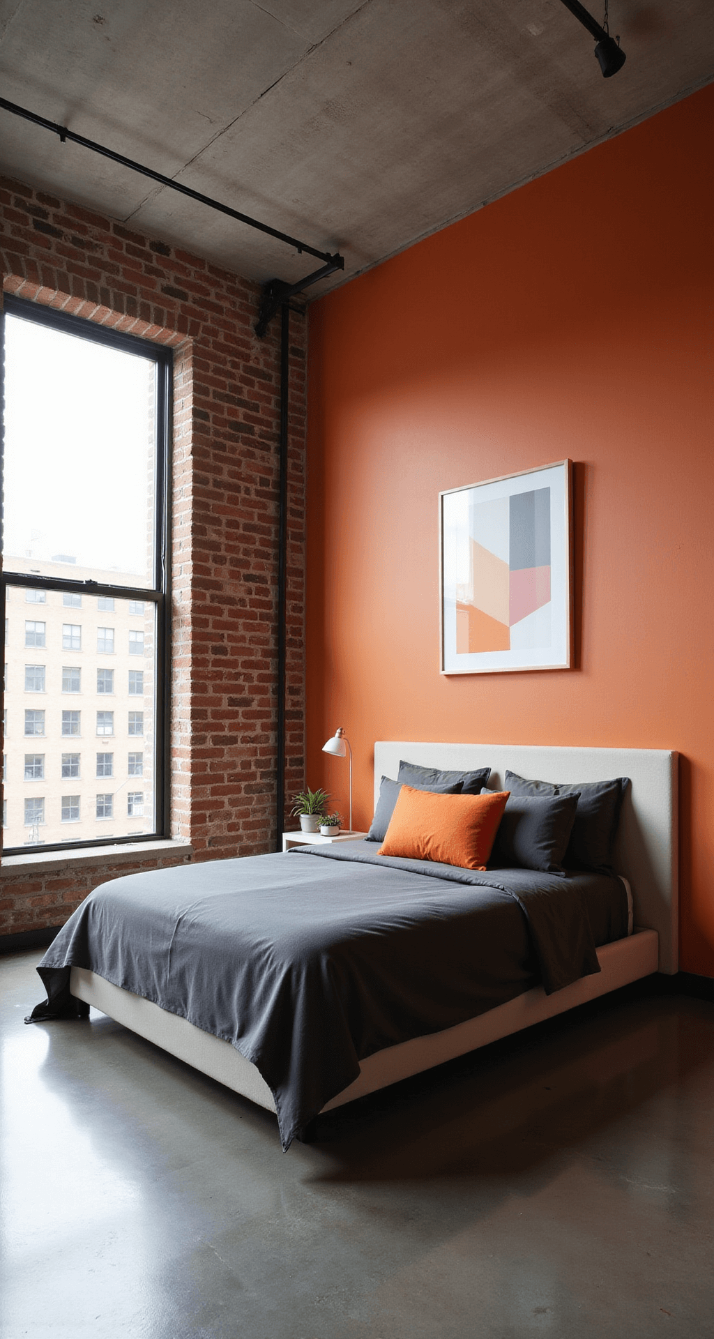 A contemporary minimalist loft bedroom featuring an exposed brick wall, a burnt orange accent wall, and an industrial concrete ceiling. The platform bed is styled with charcoal grey linens and an oversized lumbar pillow in orange, while polished concrete floors reflect light from large warehouse windows. The image captures the space from a ceiling height, highlighting geometric contrasts.