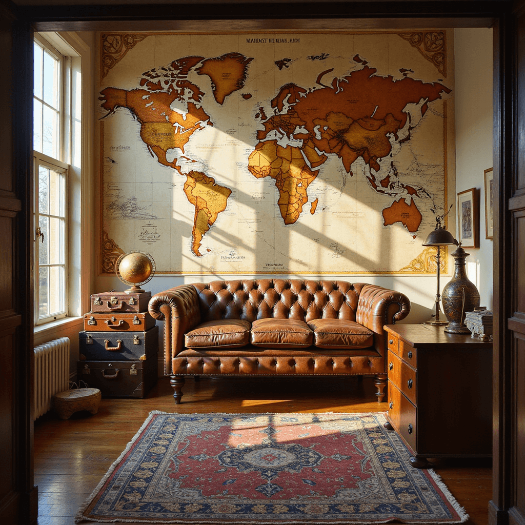 A sunlit home office featuring a vintage world map mural, leather Chesterfield sofa, stacked suitcases as an end table, a wooden desk with an antique globe, and a Persian rug, captured from the doorway at eye level during golden hour.