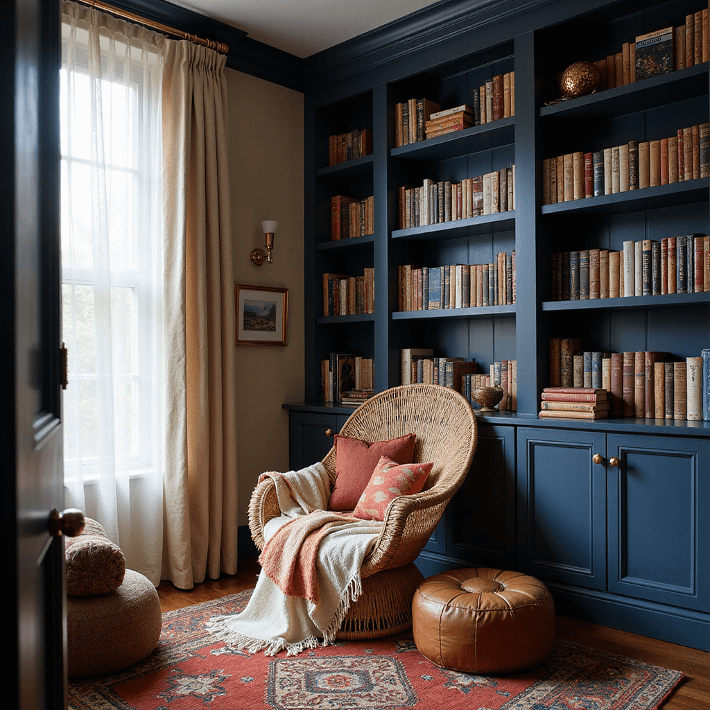 An intimate reading nook with floor-to-ceiling navy bookshelves filled with travel and cultural books, featuring an oversized rattan peacock chair draped in a cream and rust Moroccan throw. Soft afternoon light filters through sheer linen curtains, highlighting jewel-toned Turkish kilim pillows around a low-profile leather pouf, with brass wall sconces adding warmth. The low-angle shot from the corner emphasizes the height and inviting library atmosphere.