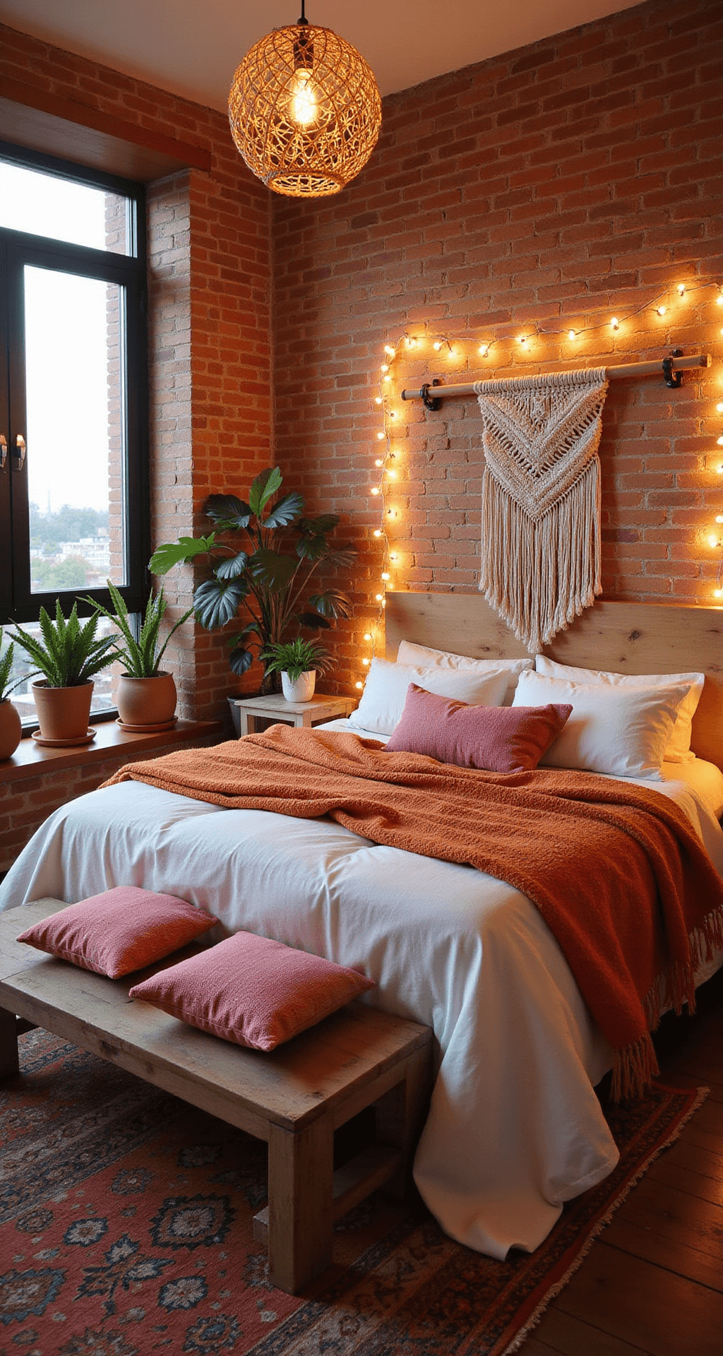 A bohemian bedroom at dusk features an elevated view of a California king bed with white linen and vintage Moroccan textiles in orange and pink. The exposed brick wall is painted soft coral, with a macramé wall hanging above the bed. Warm string lights and a rattan pendant light create a cozy atmosphere, complemented by a rustic wooden bench with pink kilim cushions, potted palms in terracotta planters, and a muted orange and pink Turkish rug.
