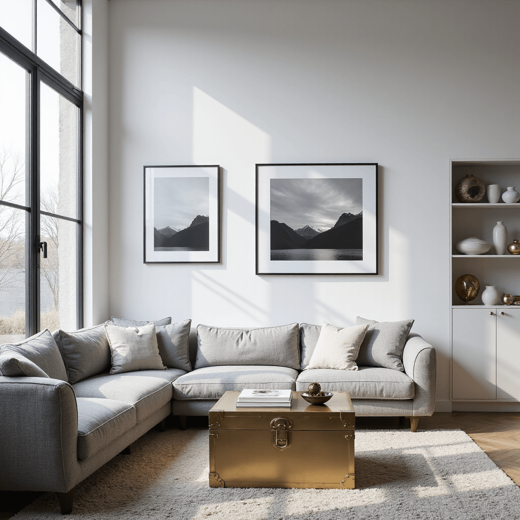 A modern minimalist living room featuring white walls with black and white travel photography, steel-framed windows casting geometric shadows, a gray linen sectional, a brass trunk coffee table, and curated shelves with white ceramics and metallic globes, shot from an elevated angle.