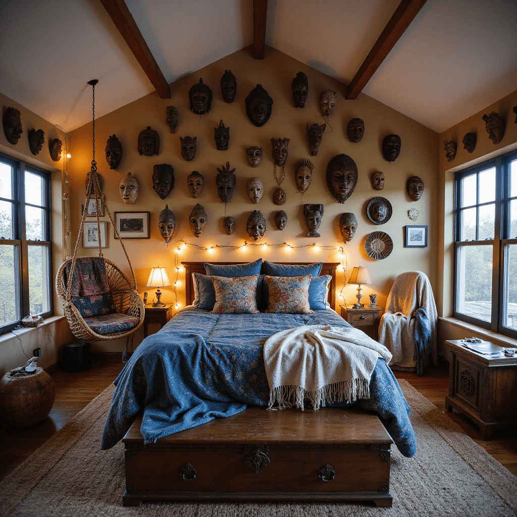 Bohemian bedroom retreat featuring a platform bed with indigo mudcloth and block-printed quilts, a gallery wall of masks and textiles, a hanging rattan chair draped with Peruvian wool blankets, and a carved wooden chest, all illuminated by warm string lights at dusk.