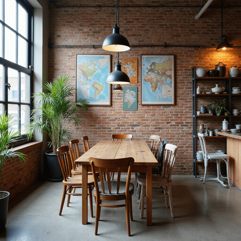 Eclectic dining space featuring an exposed brick wall adorned with vintage travel posters, centered reclaimed wood table under industrial pendant lights, surrounded by mismatched chairs, open shelving with global ceramics, potted palms, and a window wall that floods the area with warm late afternoon light.