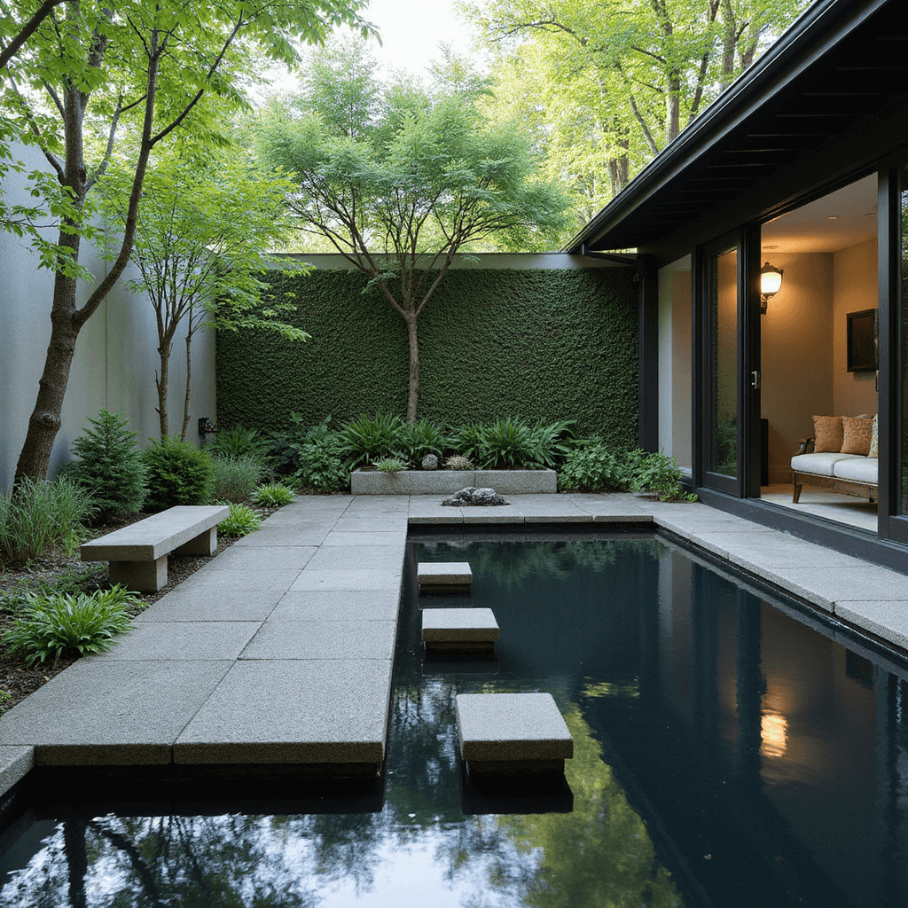 Intimate Zen water garden courtyard featuring a reflective pool, minimalist stepping stones, Japanese maples, and a vertical green wall, captured in soft morning light with a natural stone bench for meditation.
