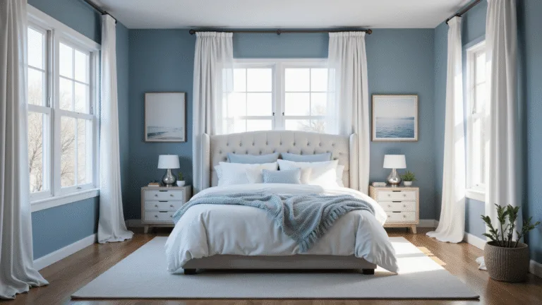 Blue Bedroom Ideas: Transform Your Space with Calming and Stylish Blues Photorealistic interior of a luxurious coastal-inspired bedroom with powder blue walls, large bay windows draped in sheer white curtains, a king-sized bed with white and sky blue linens, and natural oak hardwood floors, featuring coastal decor elements and soft morning light creating an ethereal atmosphere.