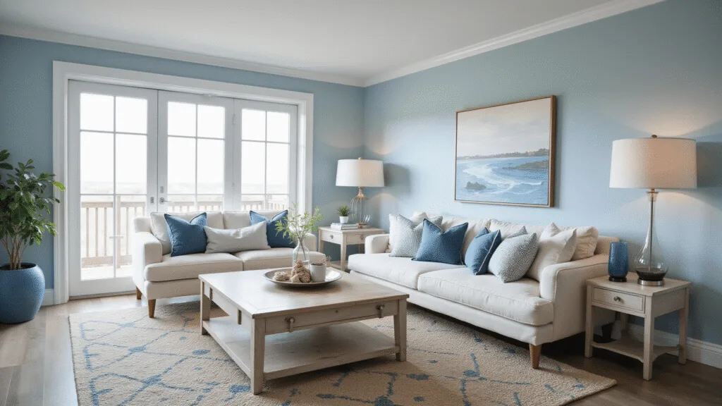A photorealistic coastal living room featuring powder blue walls, a cream linen sofa with blue and white throw pillows, weathered white oak furniture, and a natural jute rug with geometric patterns, illuminated by floor-to-ceiling windows.