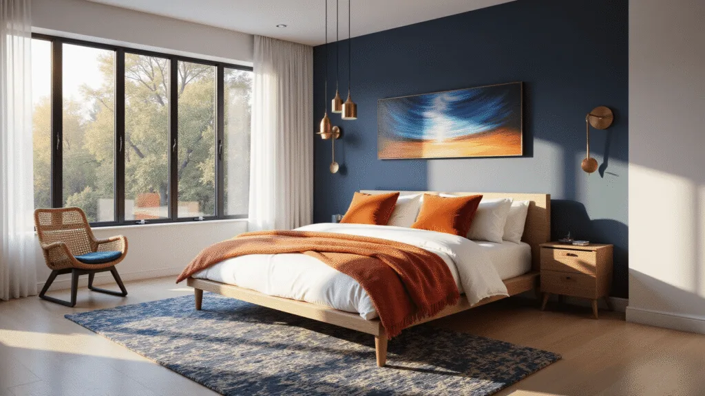 A contemporary bedroom with a navy blue accent wall, modern platform bed adorned with white linens and burnt orange pillows, featuring brass pendant lights, a geometric rug, and an abstract artwork, all bathed in golden hour sunlight.