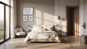 A serene contemporary bedroom bathed in golden hour light, featuring a low-profile platform bed with white linen bedding, textured grasscloth wallpaper, oak herringbone floors, and modern brass sconces, all enhanced by layered textiles and curated decor.