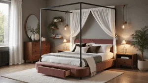 Cozy couples' bedroom featuring a velvet platform bed with a black metal canopy, layered textures, warm lighting, and a romantic atmosphere.