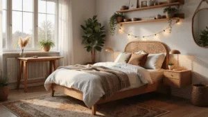 A cozy Scandinavian bedroom bathed in golden hour light, featuring a queen bed with white linen bedding and textured throw, rustic nightstands with warm lamp lighting, and decorative elements like a vintage Persian rug and cascading string lights, all captured in hyperrealistic detail.