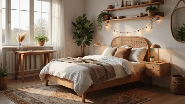 Cozy Bedroom Ideas for Small Rooms: Your Ultimate Guide to Comfort in Compact Spaces A cozy Scandinavian bedroom bathed in golden hour light, featuring a queen bed with white linen bedding and textured throw, rustic nightstands with warm lamp lighting, and decorative elements like a vintage Persian rug and cascading string lights, all captured in hyperrealistic detail.
