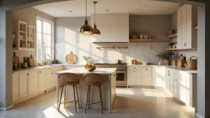 Photorealistic image of a spacious modern kitchen featuring cream shaker-style cabinets, Calacatta marble countertops, vintage brass pendant lights, and natural woven baskets, illuminated by golden morning sunlight through large windows.