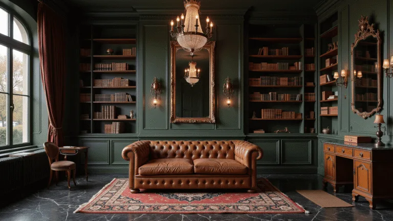 Crafting the Perfect Dark Aesthetic Home: A Comprehensive Guide to Moody, Sophisticated Interiors Photorealistic image of a dramatic dark academic library-study featuring mahogany bookshelves, a vintage leather sofa, deep green walls, and warm ambient lighting.