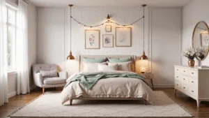 A dreamy pastel bedroom featuring a cloud-like queen bed with blush pink and sage green linens, a white brick accent wall with framed pressed flowers, warm fairy lights, a Himalayan salt lamp, and a plush lavender velvet reading chair, all bathed in soft morning light.
