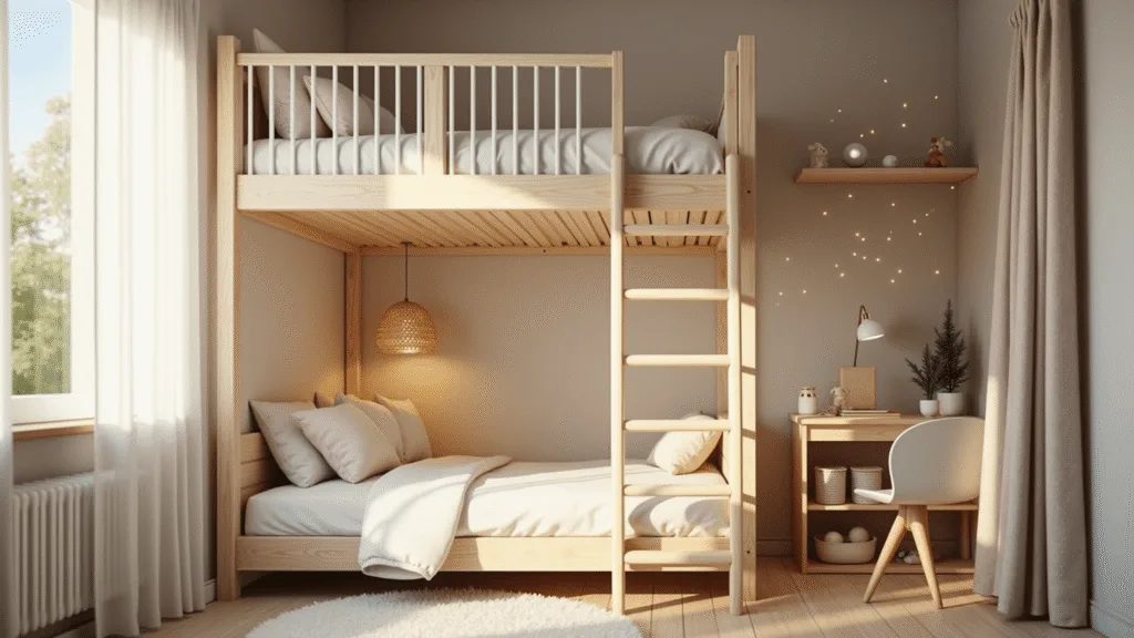 A cozy toddler bedroom featuring soft cream walls and cloud wallpaper, a natural wood loft bed, a reading nook with plush cushions, twinkle lights, and floating oak shelves filled with children's books and toys, all bathed in warm golden hour sunlight.