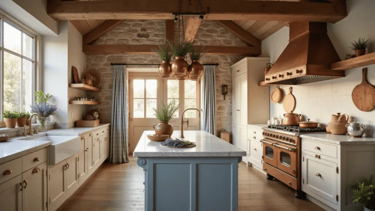 Create Your Dream French Country Kitchen: An Essential Design Guide A sunlit French country kitchen featuring wooden beams, a marble island, vintage cabinets, and terracotta pots of lavender, with warm tones and rustic elegance highlighted in the golden hour light.