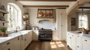 A sun-drenched French country kitchen featuring cream-colored plaster walls, reclaimed oak beams, and handcrafted cabinets, adorned with a La Cornue range, copper pots, Carrara marble countertops, and rustic oak floors, all illuminated by soft morning light.
