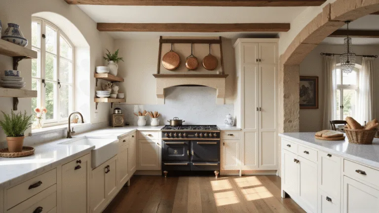 French Kitchen Design: Unveiling the Timeless Charm of Culinary Elegance A sun-drenched French country kitchen featuring cream-colored plaster walls, reclaimed oak beams, and handcrafted cabinets, adorned with a La Cornue range, copper pots, Carrara marble countertops, and rustic oak floors, all illuminated by soft morning light.