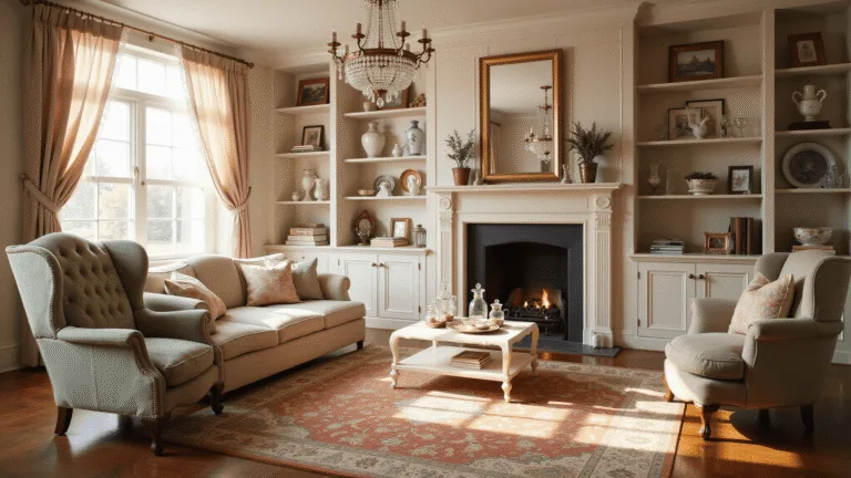 Granny Chic Living Room: Revive Vintage Charm with Modern Flair Photorealistic image of a sunlit Victorian living room featuring a floral wingback chair, distressed coffee table with vintage teacups, layered Persian rugs, a curated gallery wall of brass-framed art and mirrors, and modern accents like a lucite side table, all captured in warm, diffused light.