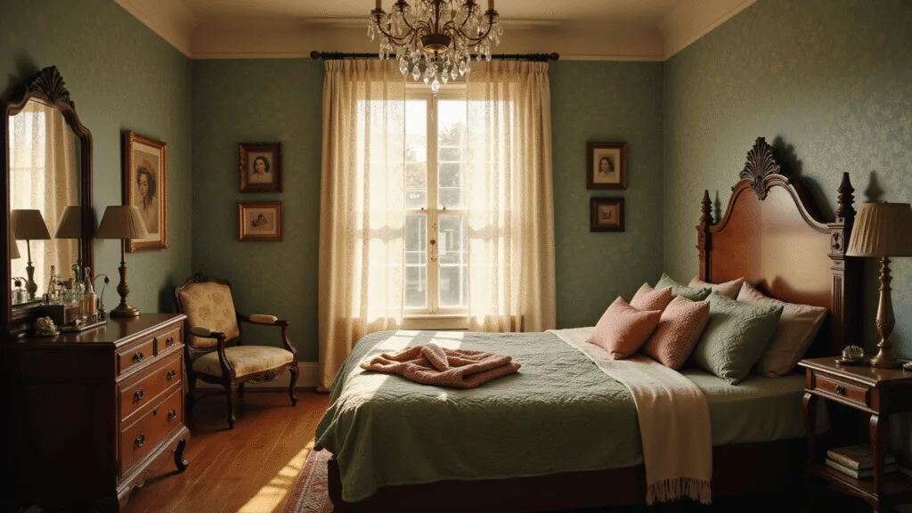 A sunlit vintage-modern fusion bedroom with a carved mahogany headboard, layered quilts, a Victorian vanity, and floral wallpaper, featuring modern lighting and decor, all captured in soft diffused light.