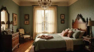 A sunlit vintage-modern fusion bedroom with a carved mahogany headboard, layered quilts, a Victorian vanity, and floral wallpaper, featuring modern lighting and decor, all captured in soft diffused light.